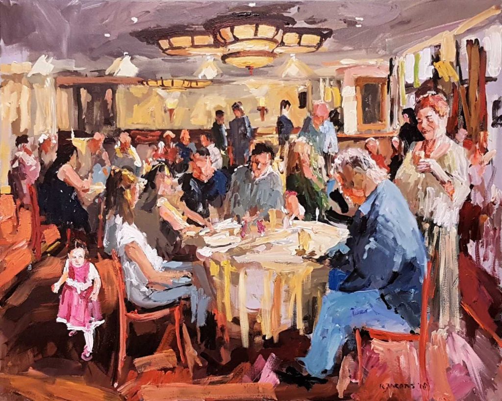 Rob Jacobs schildert doek van 80x100cm, tijdens diner, in Noord-Holland te Alkmaar.