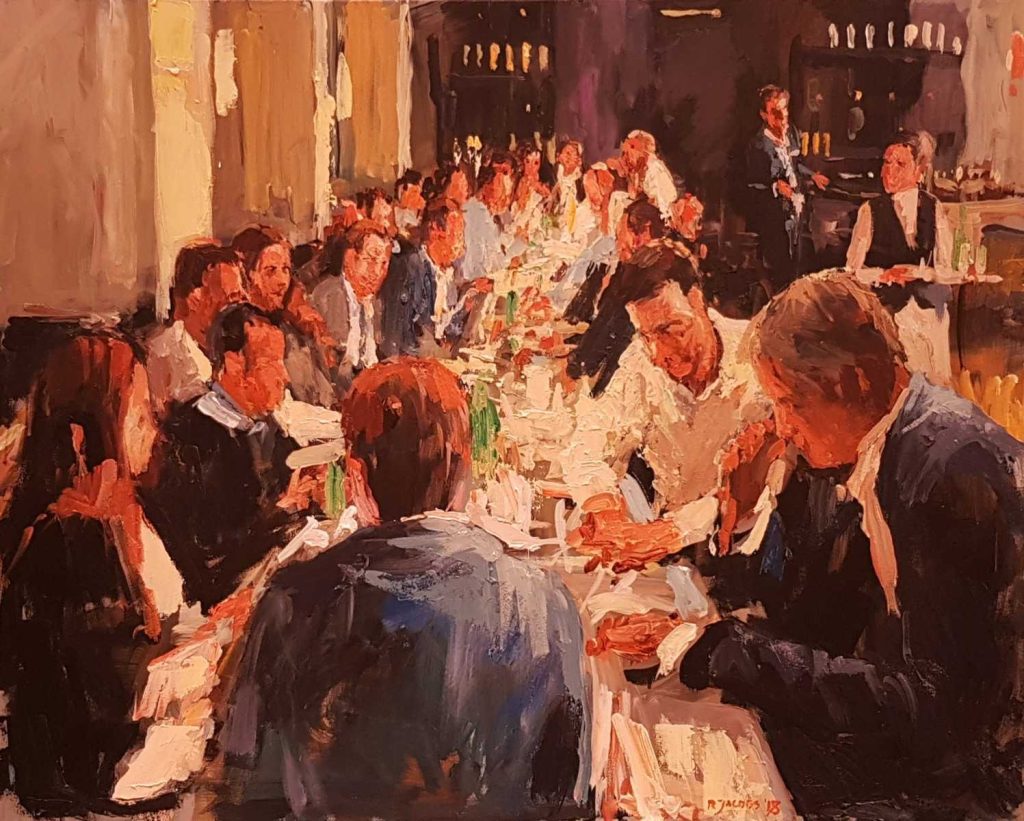 Rob Jacobs schildert doek van 80x100cm, tijdens diner, in Noord-Holland te Amsterdam.