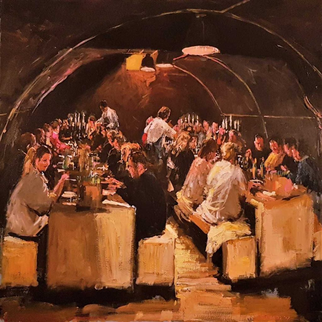 Rob Jacobs schildert doek van 100x100cm, tijdens diner, in Noord-Holland te Huizen.