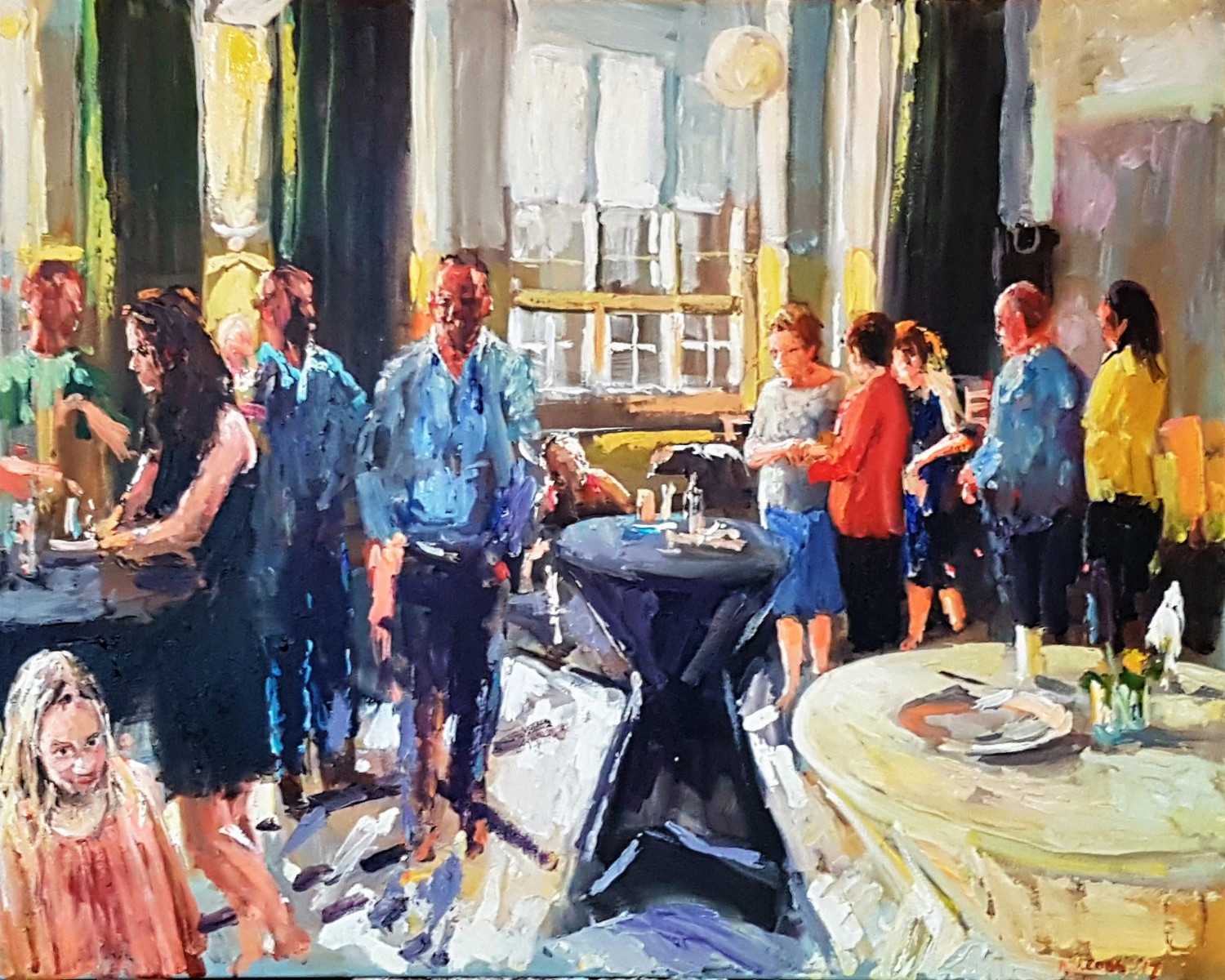 Rob Jacobs schildert doek van 100x80cm, tijdens feest, in Gelderland te Doetinchem.
