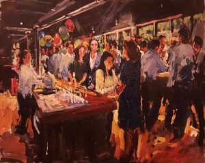 Rob Jacobs schildert doek van 80x100cm, tijdens feest, in Noord-Holland te Amsterdam.