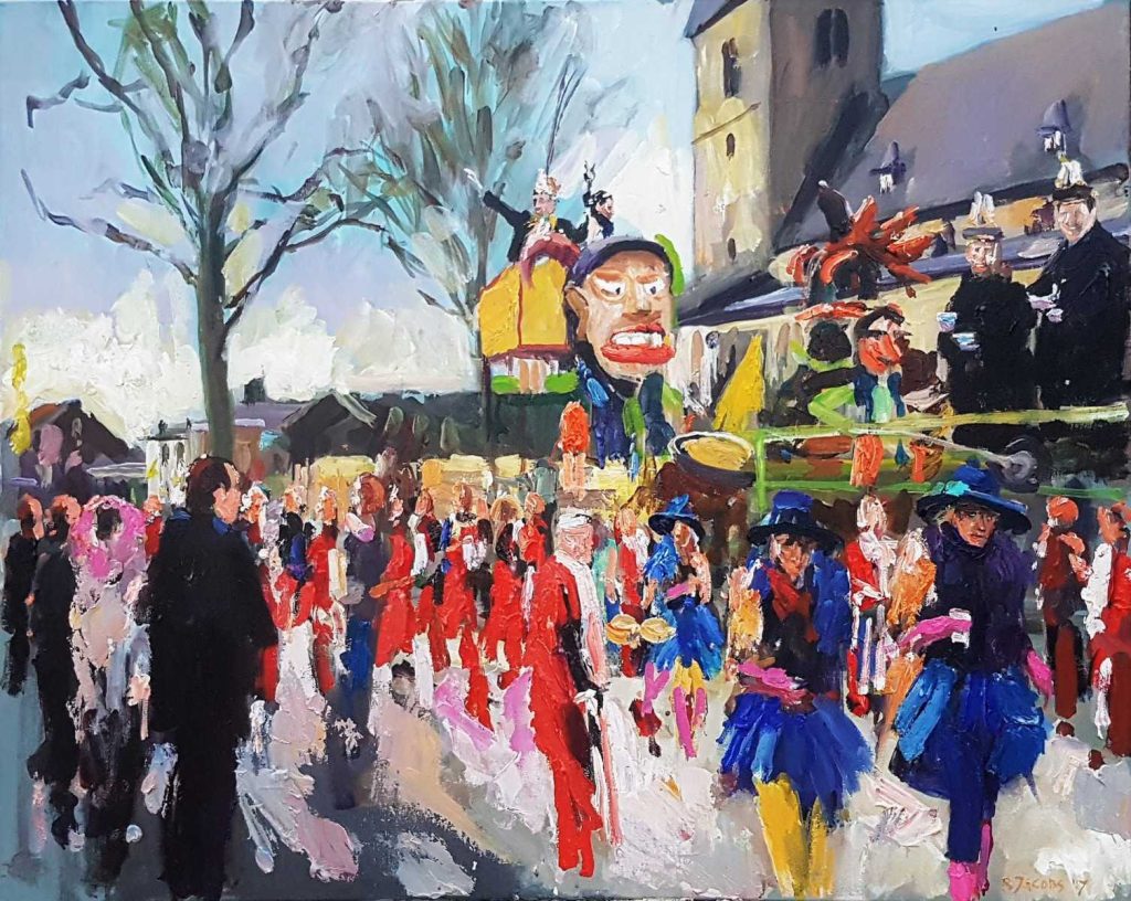 Rob Jacobs schildert doek van 100x80cm, tijdens optocht, in Limburg te Noorbeek.