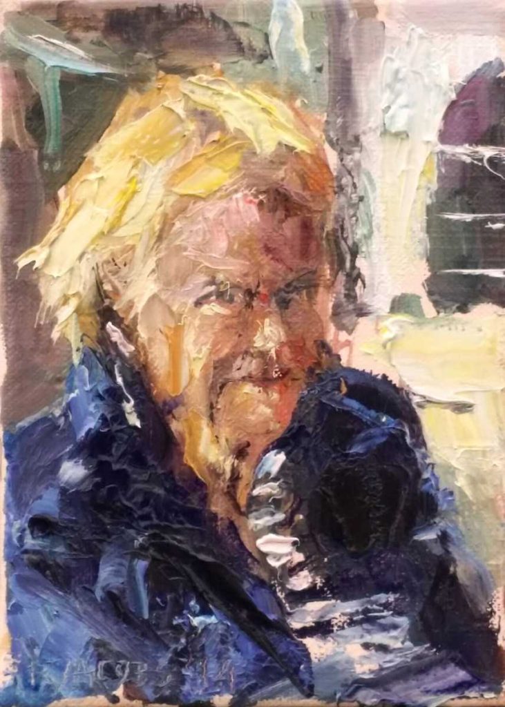 Rob Jacobs schildert doek van 18x24cm, tijdens portret.