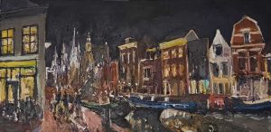 Rob Jacobs schildert doek van 100x50cm, tijdens Furieade bij nacht, in Maassluis, Zuid-Holland.