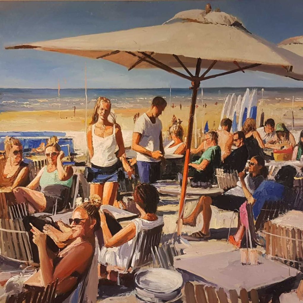 Rob Jacobs schildert doek van 120x120cm, tijdens strand, in Zandvoort, Noord-Holland.