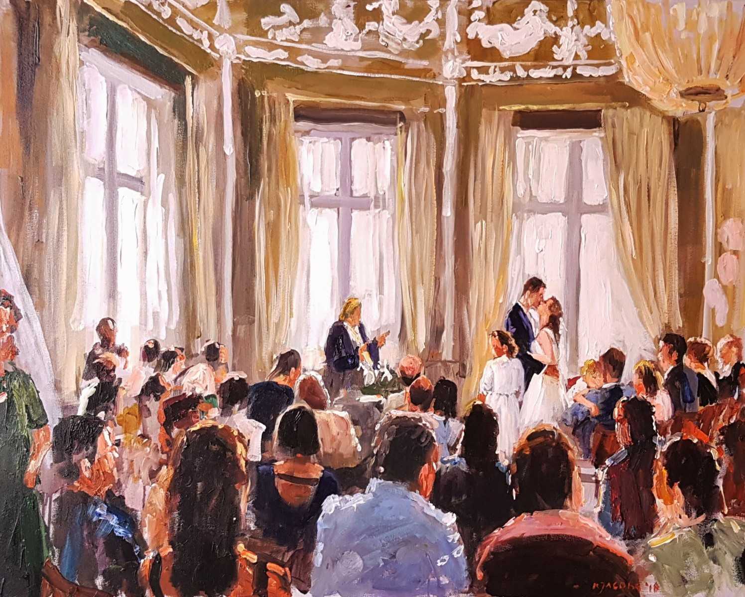 Rob Jacobs schildert doek van 80x100cm, tijdens trouwceremonie, in Zuid-Holland te Scheveningen.