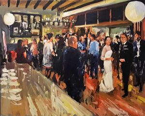 Rob Jacobs schildert doek van 80x100cm, tijdens trouwfeest, in Gelderland te Twello.