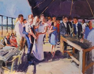 Rob Jacobs schildert doek van 80x100cm tijdens de bruiloft in Schevenigen, Zuid-Holland.