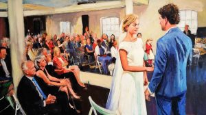 Rob Jacobs schildert doek van 80x140cm tijdens de ceremonie in denbosch, Noord-Brabant.