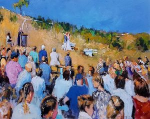 Rob Jacobs schildert doek van 80x100cm tijdens de ceremonie op Terschelling, Friesland.