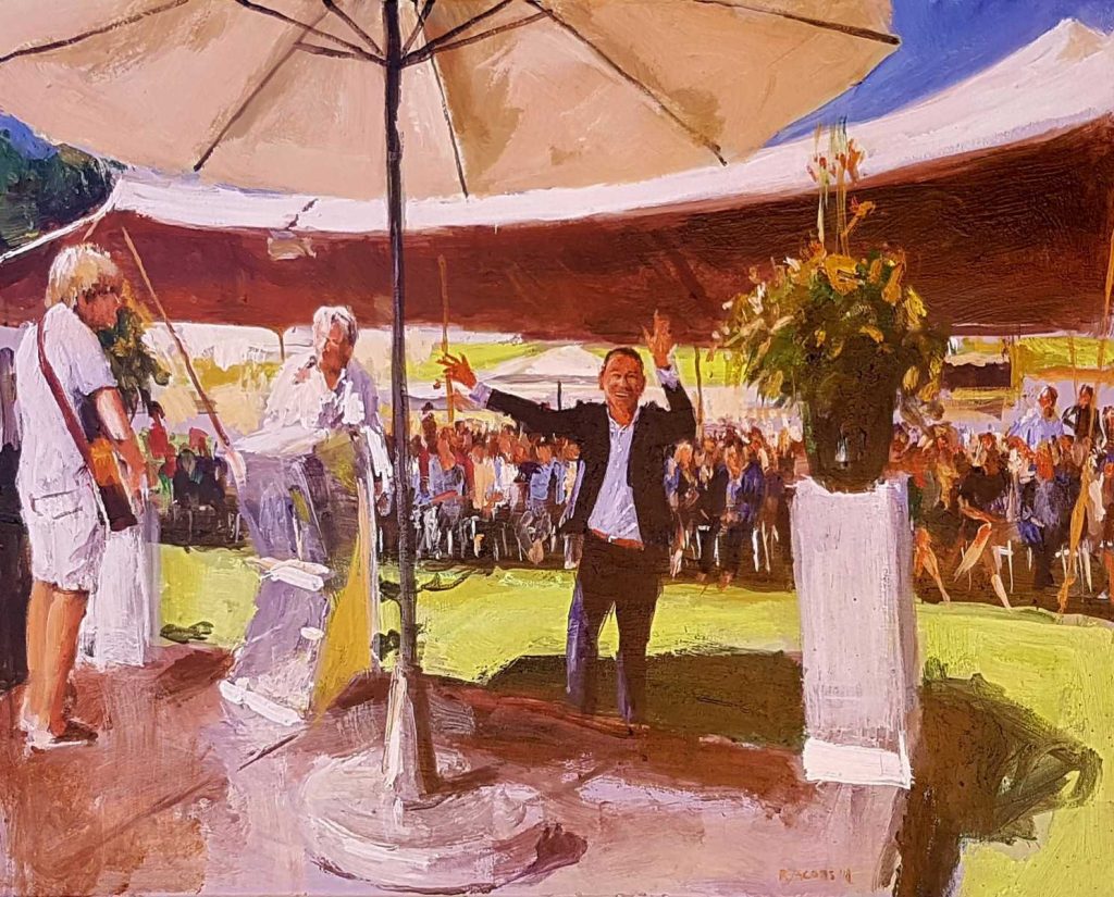 Rob Jacobs schildert doek van 80x100cm tijdens de ceremonie in Venlo, Limburg.