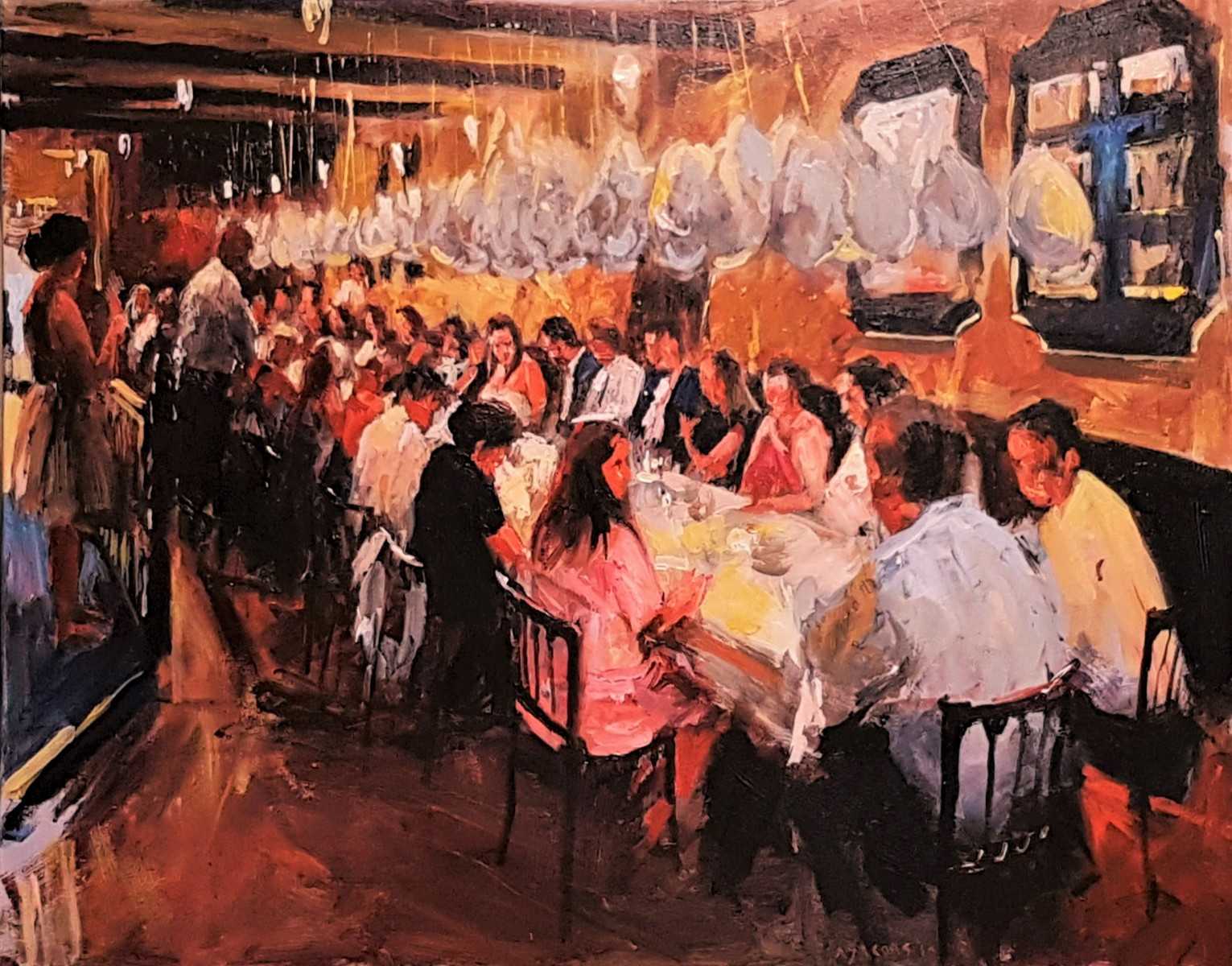 Rob Jacobs schildert doek van 80x100cm tijdens het diner in Ulvenhout, Noord-Brabant.