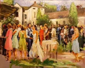 Rob Jacobs schildert doek van 100x80cm tijdens de bruiloft in Baarlo, Limburg.
