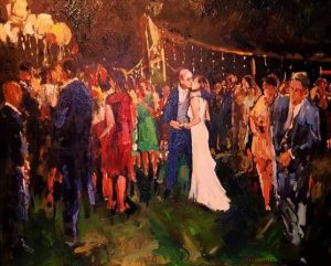 Rob Jacobs schildert doek van 80x100cm tijdens de bruiloft in Driebergen, Utrecht.