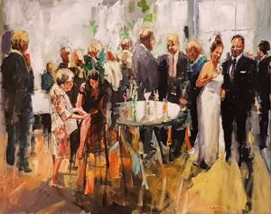 Rob Jacobs schildert doek van 100x80cm tijdens de bruiloft in Eindhoven, Noord-Brabant.