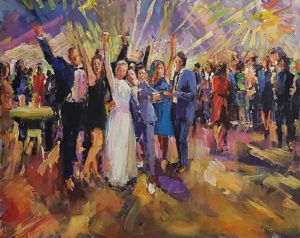 Rob Jacobs schildert doek van 100x80cm tijdens de bruiloft van Jose Willikens.