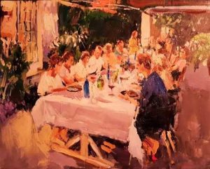 Rob Jacobs schildert doek van 80x100cm tijdens de bruiloft in Knokke, West-Vlaanderen.