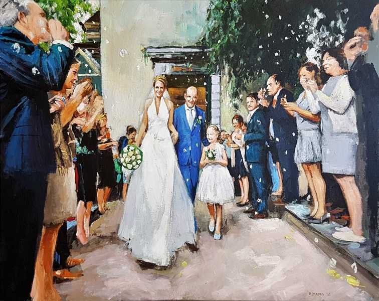 Rob Jacobs schildert doek van 100x80cm tijdens de bruiloft van Nadine Barel.
