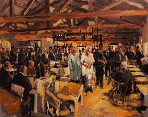 Rob Jacobs schildert doek van 80x100cm tijdens de bruiloft bij Strandclub Zee in Ouddorp, Zuid-Holland.