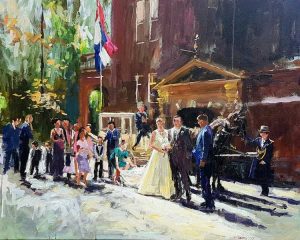 Rob Jacobs schildert doek van 100x80cm tijdens de bruiloft in Zeist, Utrecht.