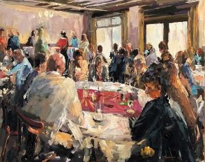 Rob Jacobs schildert doek van 100x80cm tijdens het diner in Deurne, Noord-Brabant.