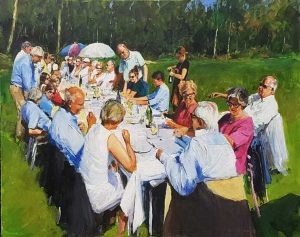 Rob Jacobs schildert doek van 80x100cm tijdens het diner in Goirle, Noord-Brabant.