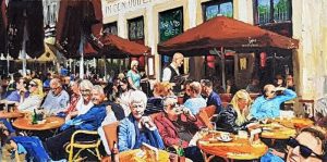 Rob Jacobs schildert doek van 37x58cm tijdens het diner in Maastricht, Limburg.