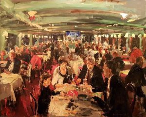 Rob Jacobs schildert doek van 100x80cm tijdens het diner in Rotterdam, Zuid-Holland.