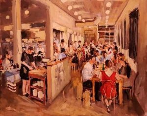 Rob Jacobs schildert doek van 80x100cm tijdens het diner bij Scheepskameel, Amsterdam, Noord-Holland.