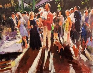 Rob Jacobs schildert doek van 80x100cm tijdens het feest in Amsterdam, Noord-Holland.