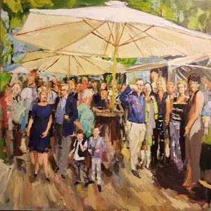 Rob Jacobs schildert doek van 100x100cm tijdens het feest in Middelbeers, Noord-Brabant.