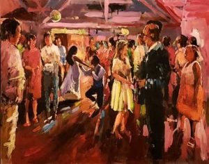 Rob Jacobs schildert doek van 80x100cm tijdens het feest op de Olmenhorst.