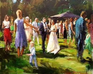 Rob Jacobs schildert doek van 80x100cm tijdens het feest in Ommen, Overijssel.