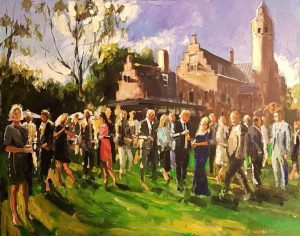 Rob Jacobs schildert doek van 80x100cm tijdens het feest in Renesse, Zeeland.