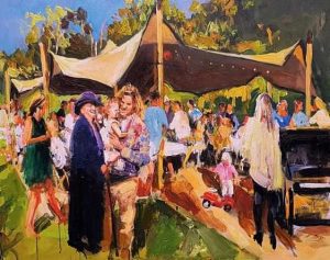 Rob Jacobs schildert doek van 80x100cm tijdens het feest van Rockanje Joost Boeles.