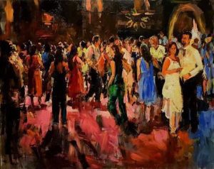 Rob Jacobs schildert doek van 80x100cm tijdens het feest in Westerliefde, Amsterdam, Noord-Holland.