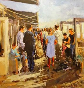 Rob Jacobs schildert doek van 100x100cm van het landschap in Katwijk, Zuid-Holland.