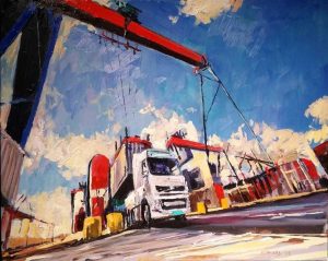 Rob Jacobs schildert doek van 100x80cm van het landschap in Rotterdam, Zuid-Holland.