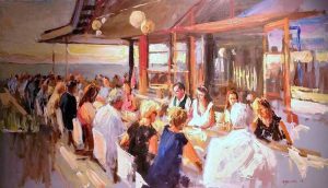 Rob Jacobs schildert doek van 140x100cm tijdens de trouwceremonie in Zandvoort, Noord-Holland.