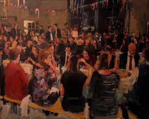 Rob Jacobs schildert doek van 80x100cm tijdens de verjaardag in Vrouwenpolder, Zeeland.