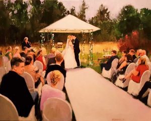 Rob Jacobs schildert doek van 80x100cm tijdens de ceremonie in Oosterhout, Noord-Brabant.