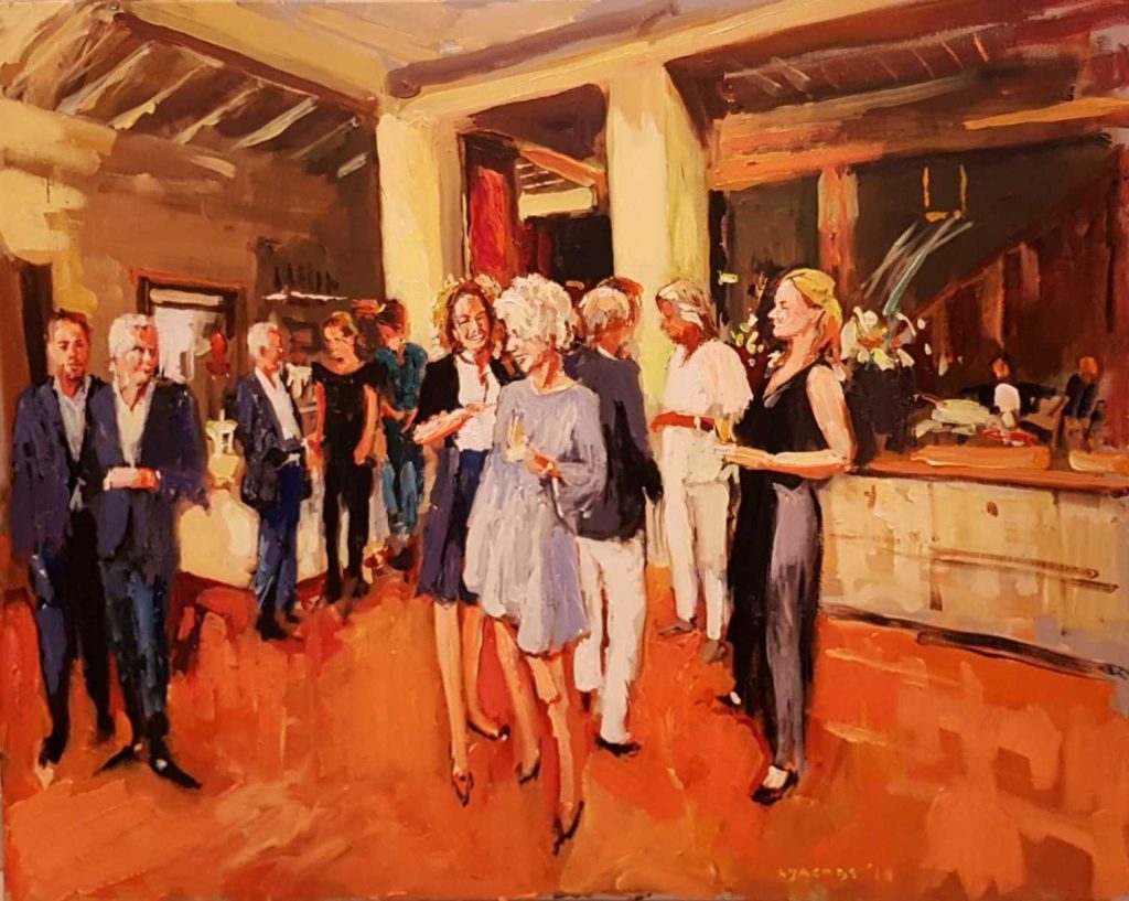 Rob Jacobs schildert doek van 80x100cm tijdens het feest in Bergen-az, Noord-Holland.