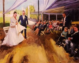 Rob Jacobs schildert doek van 80x100cm tijdens de ceremonie in Boxtel, Noord-Brabant.