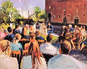 Rob Jacobs schildert doek van 80x100cm tijdens de ceremonie in Geetbets.