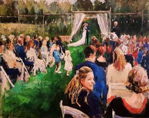 Rob Jacobs schildert doek van 80x100cm tijdens de ceremonie in Loosbroek, Noord-Brabant.