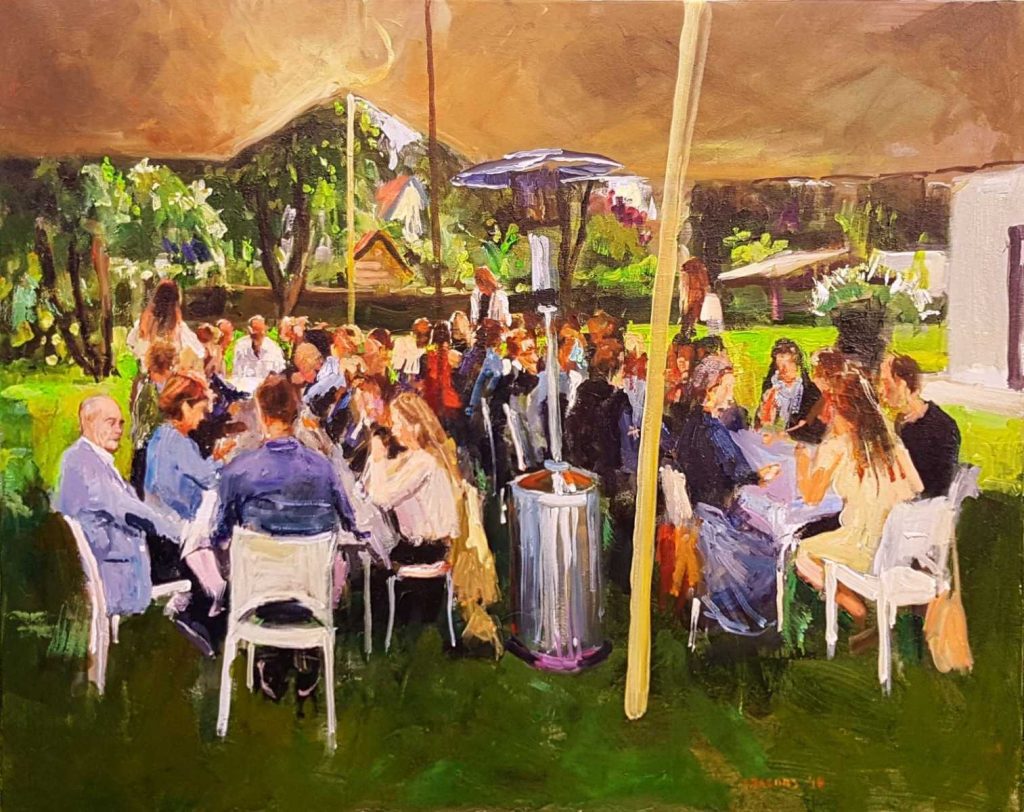 Rob Jacobs schildert doek van 80x100cm tijdens het diner in Bergen, Noord-Holland.