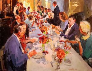 Rob Jacobs schildert doek van 70x90cm tijdens het diner in Den Bosch, Noord-Brabant.