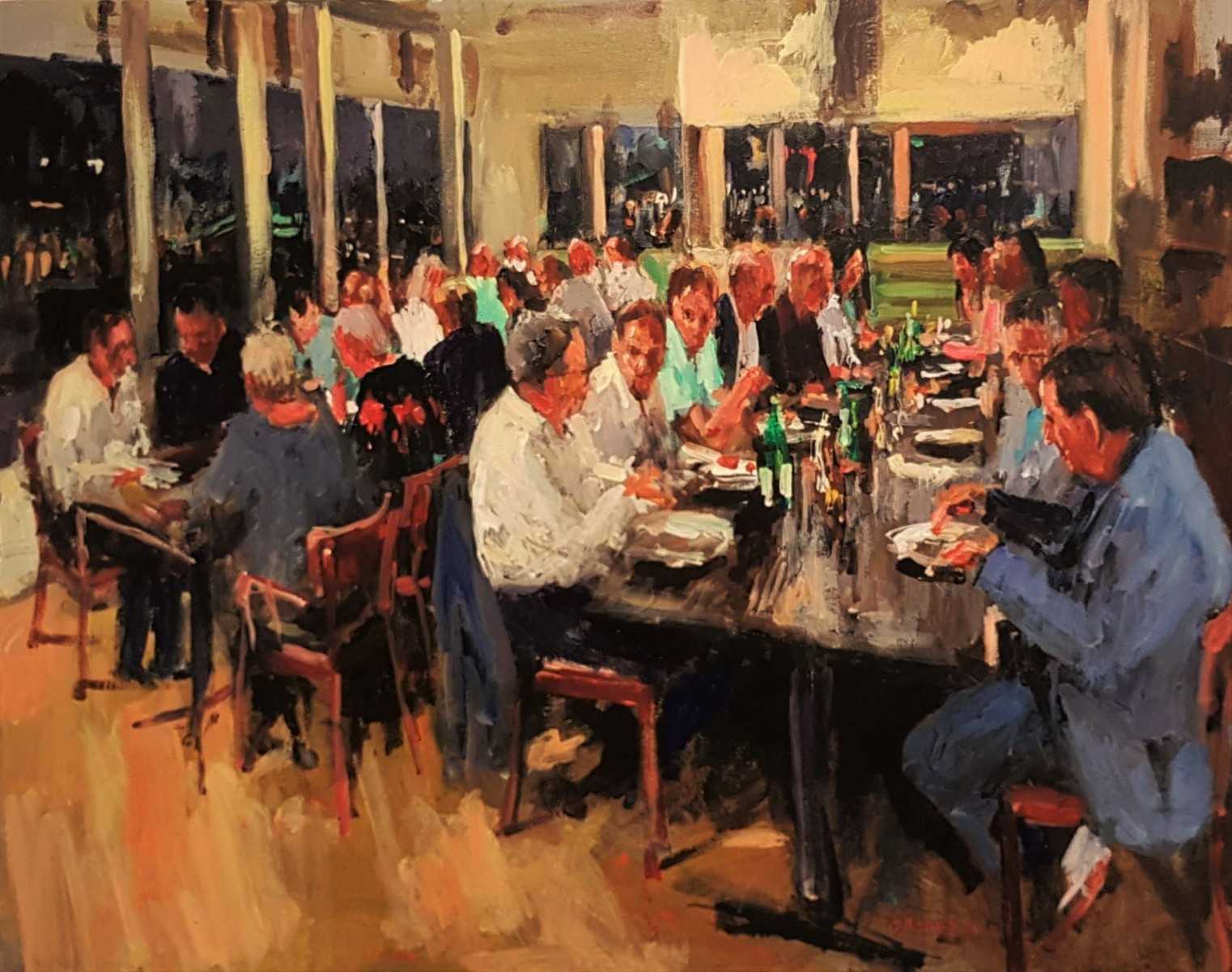 Rob Jacobs schildert doek van 80x100cm tijdens het diner in Rotterdam, Zuid-Holland.