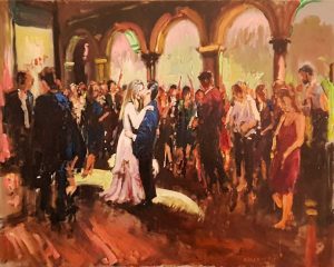 Rob Jacobs schildert doek van 80x100cm tijdens het feest in Amsterdam, Noord-Holland.