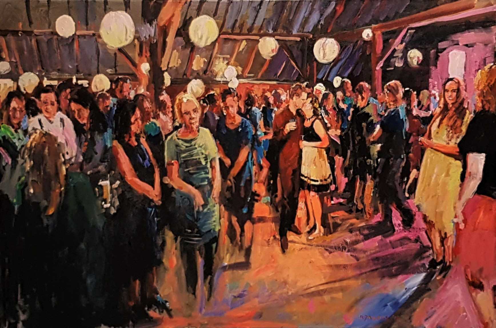 Rob Jacobs schildert doek van 80x120cm tijdens het feest in Oirschot, Noord-Brabant.